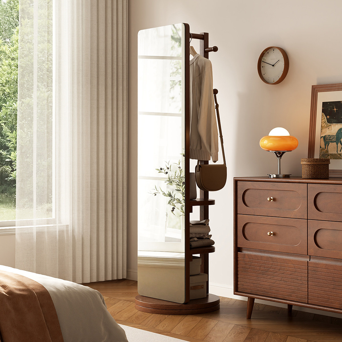 北极树实木全身镜卧室试衣镜旋转穿衣镜家用衣帽架镜子一体落地镜