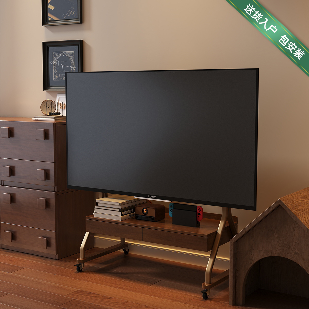 实木可移动电视柜客厅家用小户型现代简约落地收纳储物电视机支架