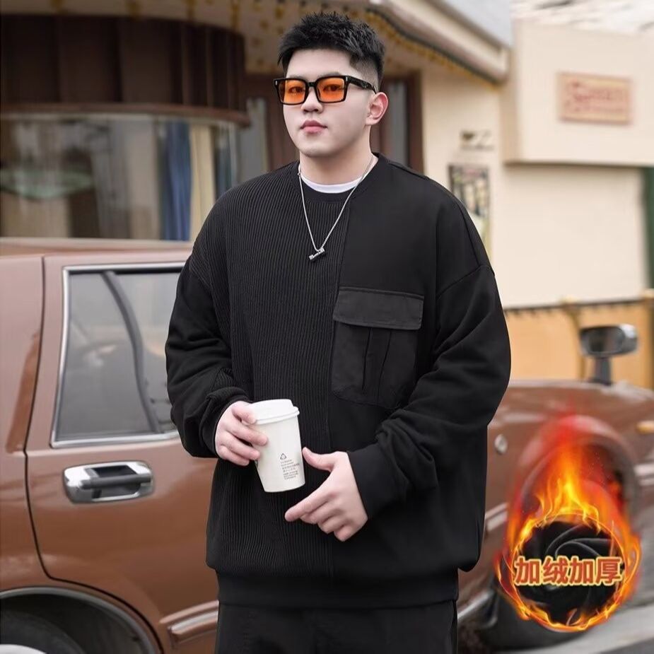 加绒圆领卫衣男宽松加肥加大