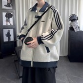 PANG哥 宽松三条杠棒球服翻领卫衣上衣 外套男款 潮流秋冬美式 开衫