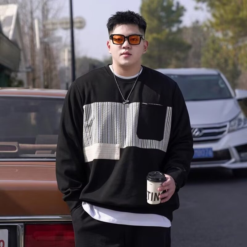 PANG哥 潮牌大码男装2025秋胖子宽松胸口圆领卫衣男加肥加大帽衫