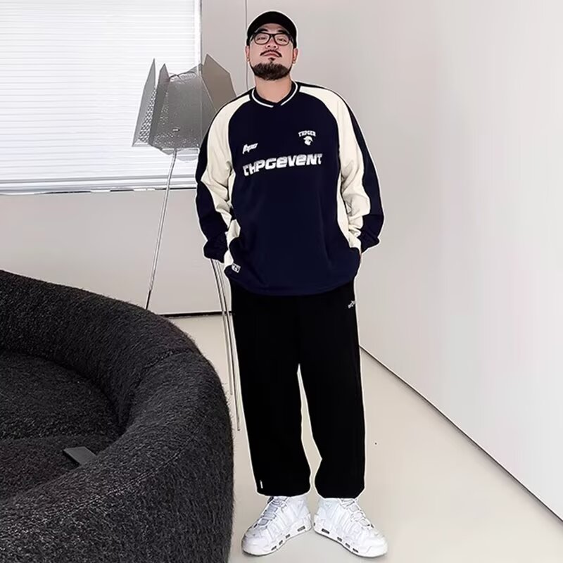 PANG哥 拼接袖男装秋季设计感小众印花圆领卫衣男胖子宽松休闲