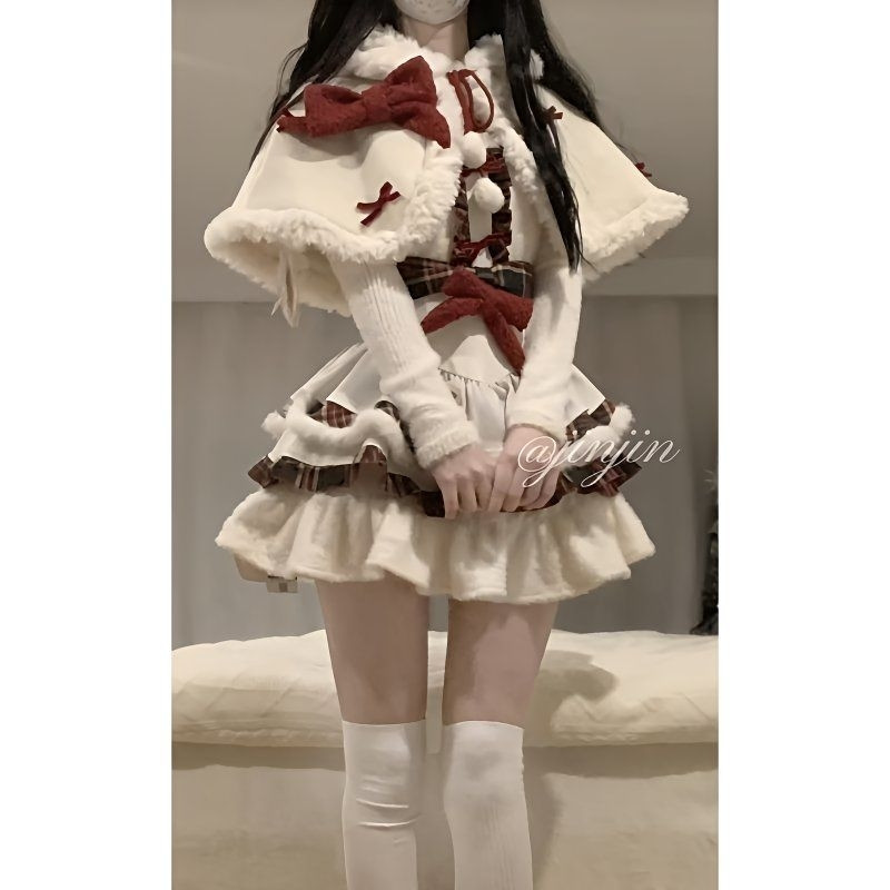 甜美可爱少女洛丽塔设计感荷叶边撞色吊带裙蓬蓬短裙斗篷外套套装