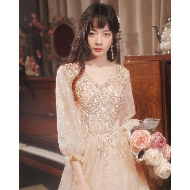 大码胖mm200斤香槟色晚礼服女宴会气质显瘦仙伴娘服连衣裙小个子