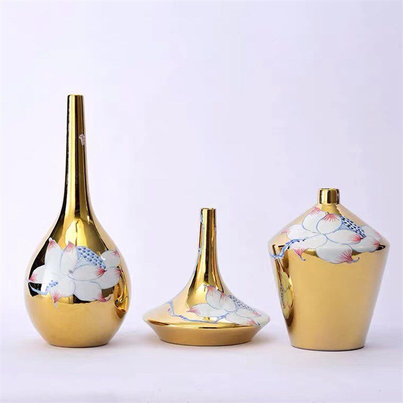 好货欧式后现代轻奢莲花电镀陶瓷家居工艺品摆件样板房茶几花瓶摆