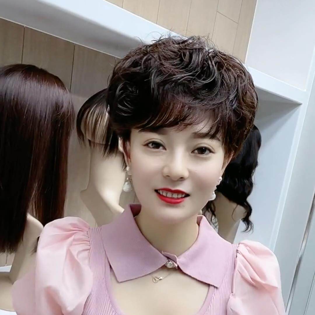 新品夏天戴不热假发短发真发卷发圆脸假发头套透气蓬松大卷烫女士