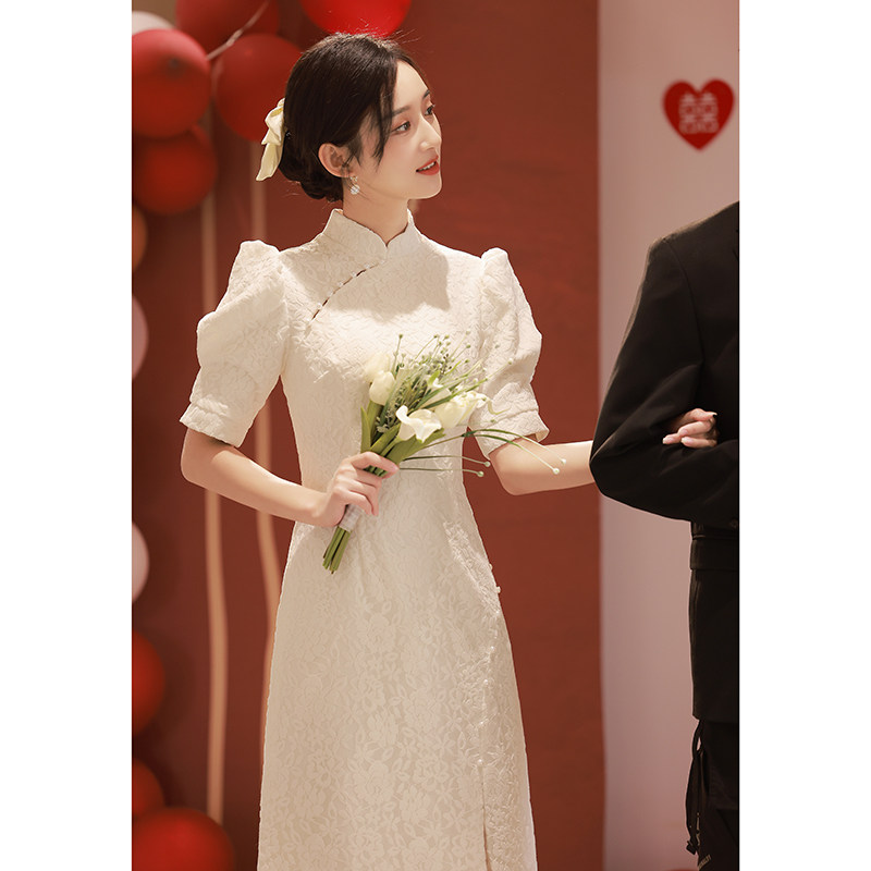 好货白色旗袍小礼服平时可穿年会领证新娘小白裙中式敬酒服订婚连
