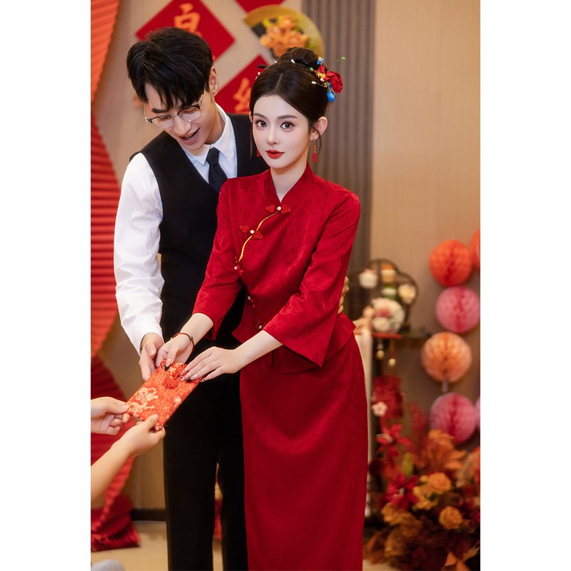 好货新中式改良红色旗袍套装敬酒服新娘结婚回门婚服长袖秋冬订婚