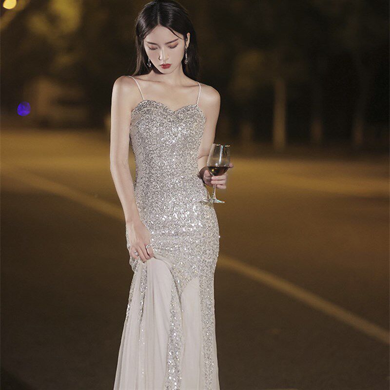 鱼尾晚礼服裙女2025新款生日宴会气质轻奢小众高端吊带主持人长裙