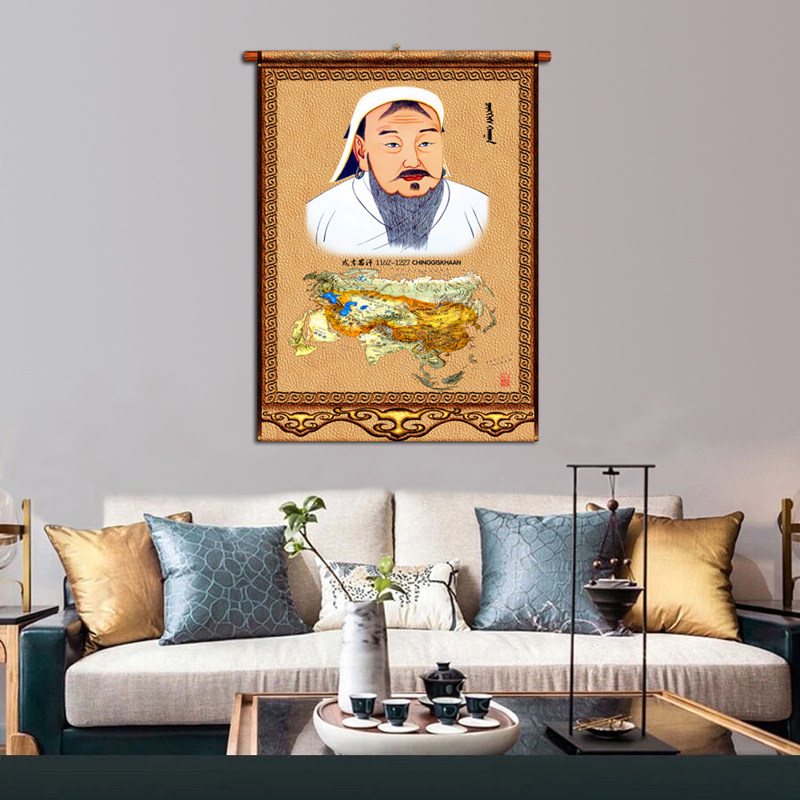 好货蒙古民族特色皮画餐厅玄关竖版免打孔成吉思汗壁画挂X画过道