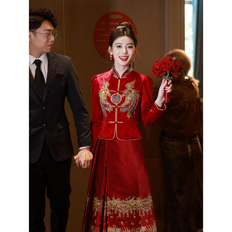 好货马面裙婚服敬酒服凤凰订婚服新娘酒红色秀禾服旗袍结婚中式礼