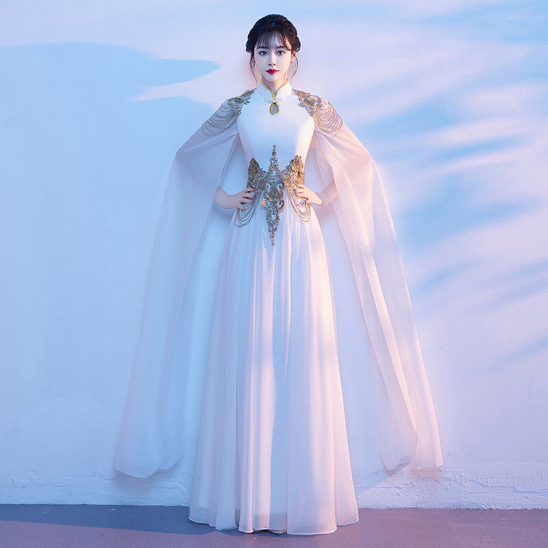 白色古筝演奏服装成人中国风舞台大合唱演出服女长裙琵琶二胡服装