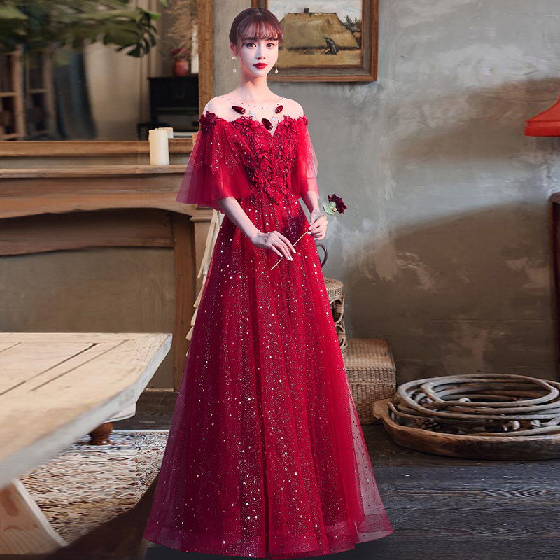 大码敬酒服胖mm200斤新娘酒红色显瘦遮肚结婚订婚春节长款礼服女
