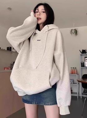 美洋overs白灰色连帽卫衣女秋冬加绒加厚宽松美式复古外套潮男