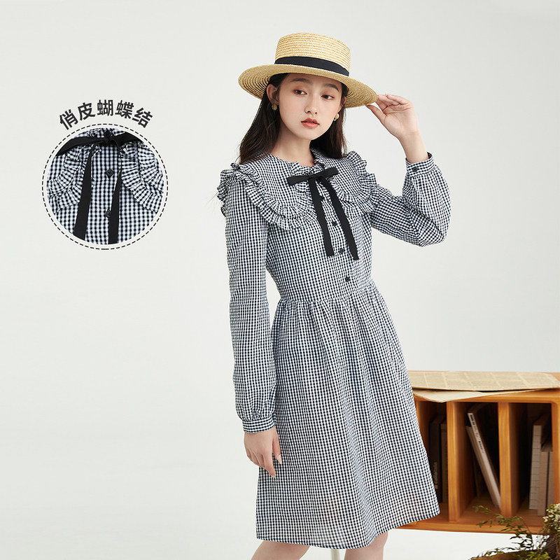 茵曼法式2022春季新款荷叶披肩翻领蝴蝶结文艺显瘦棉a字连衣裙女