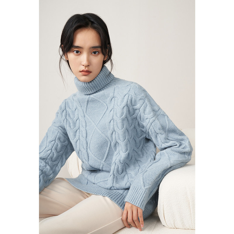 【商场同款】茵曼宽松女冬季新款高领菱格休闲百搭针织毛衣