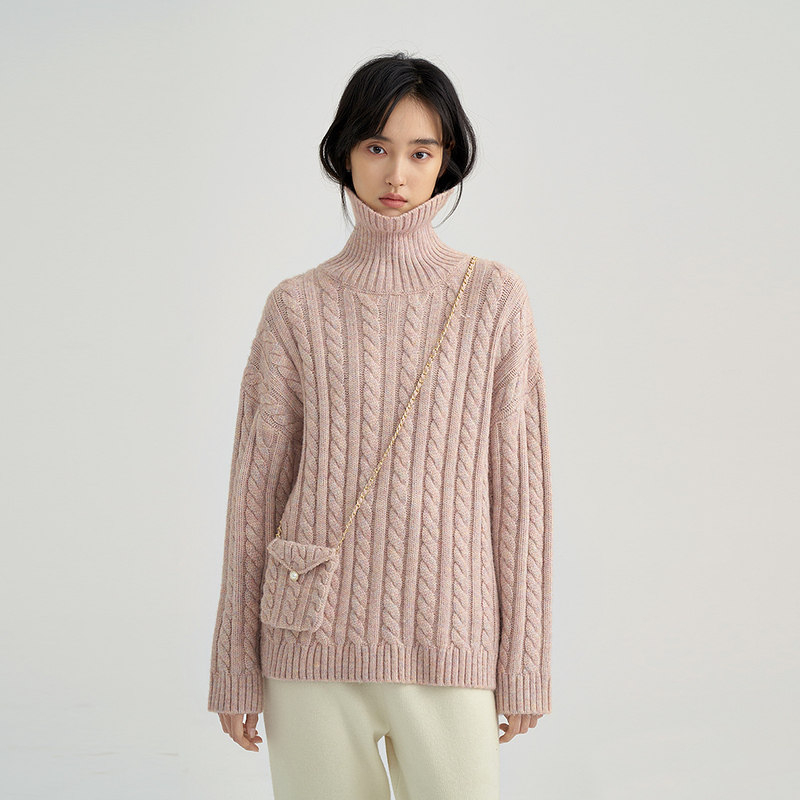 【商场同款】茵曼高领女2021年冬季新款麻花宽松休闲百搭针织毛衣