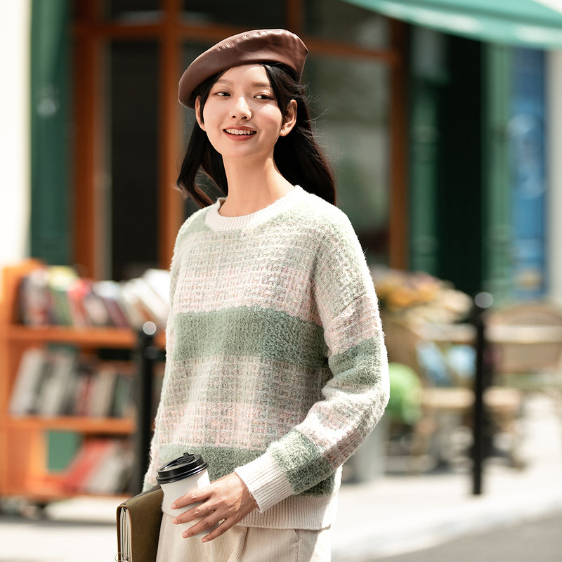 茵曼冬装新款撞色条纹百搭套头毛衣宽松舒适毛织衫