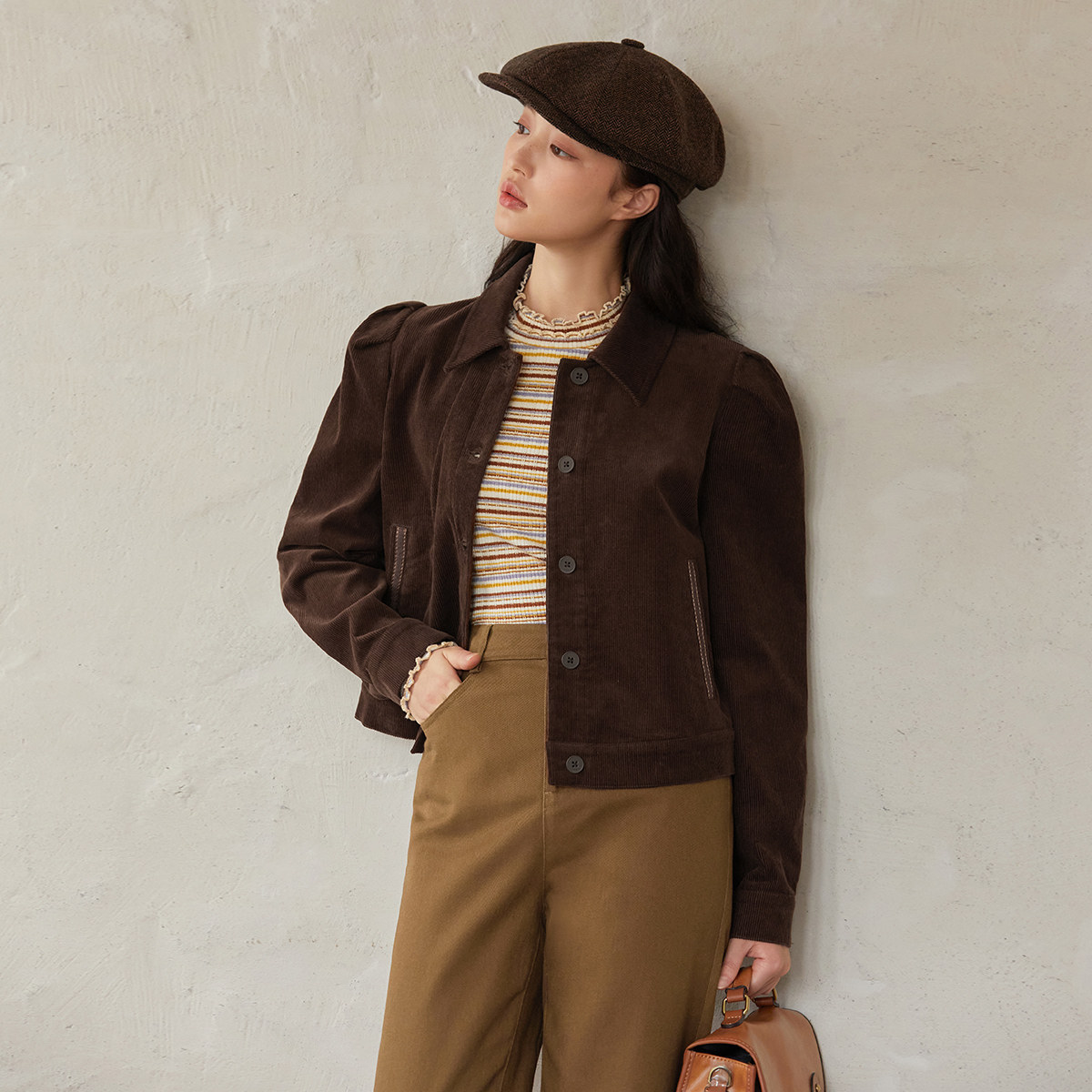 茵曼旗舰店灯芯绒外套女2021秋纯棉复古港风百搭小个子夹克上衣