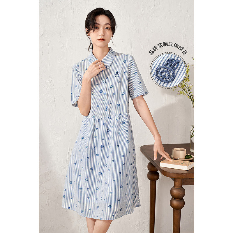 【商场同款】茵曼竖纹绣花连衣裙女士2022夏季新款提花纯棉伞裙子