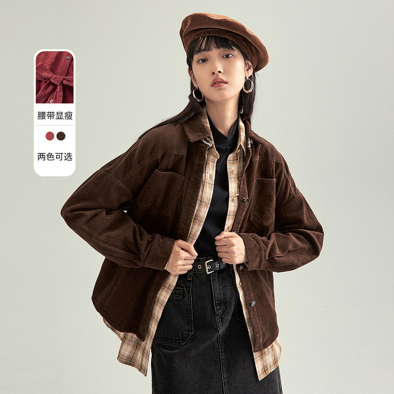 茵曼灯芯绒外套女士2021秋复古港味宽松绑带收腰夹克纯棉新年红