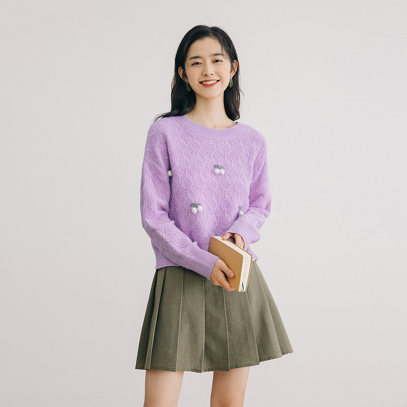 茵曼2021秋装新款女圆领针织提花柔美设计感宽松显瘦套头毛衣