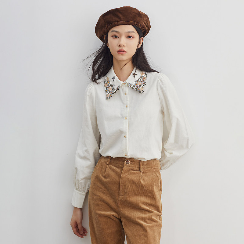 【商场同款】茵曼刺绣女2021年冬季新款绣花复古甜美全棉长袖衬衫