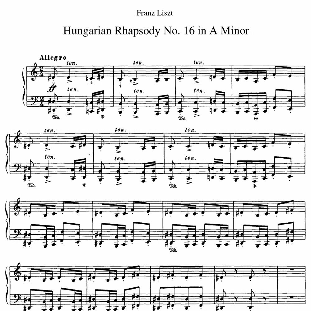 李斯特 匈牙利狂想曲第16号 钢琴谱五线谱乐谱乐曲曲谱10页PDF