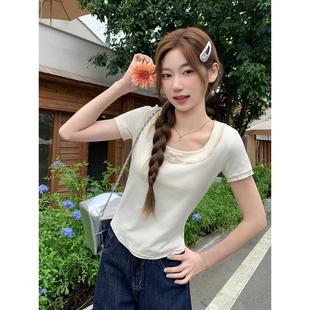 别致正肩短款 纯欲蕾丝花边方领短袖 小个子修身 T恤女夏季 上衣 新款