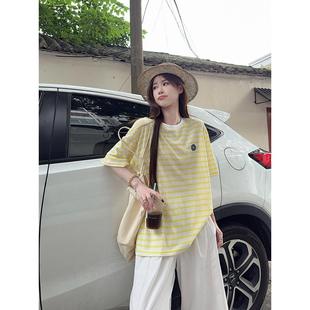 大码 t恤夏刺绣花中长宽松圆领上衣 女装 斤雪花棉条纹短袖