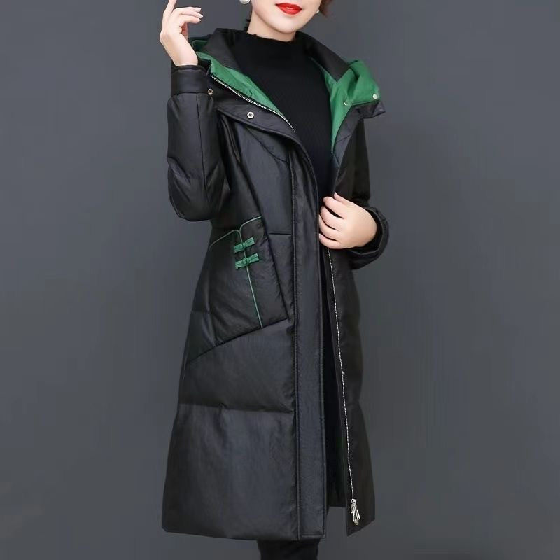 2026秋冬季新款黑色连帽中长款羽绒棉服女 撞色内衬遮肉显瘦减龄