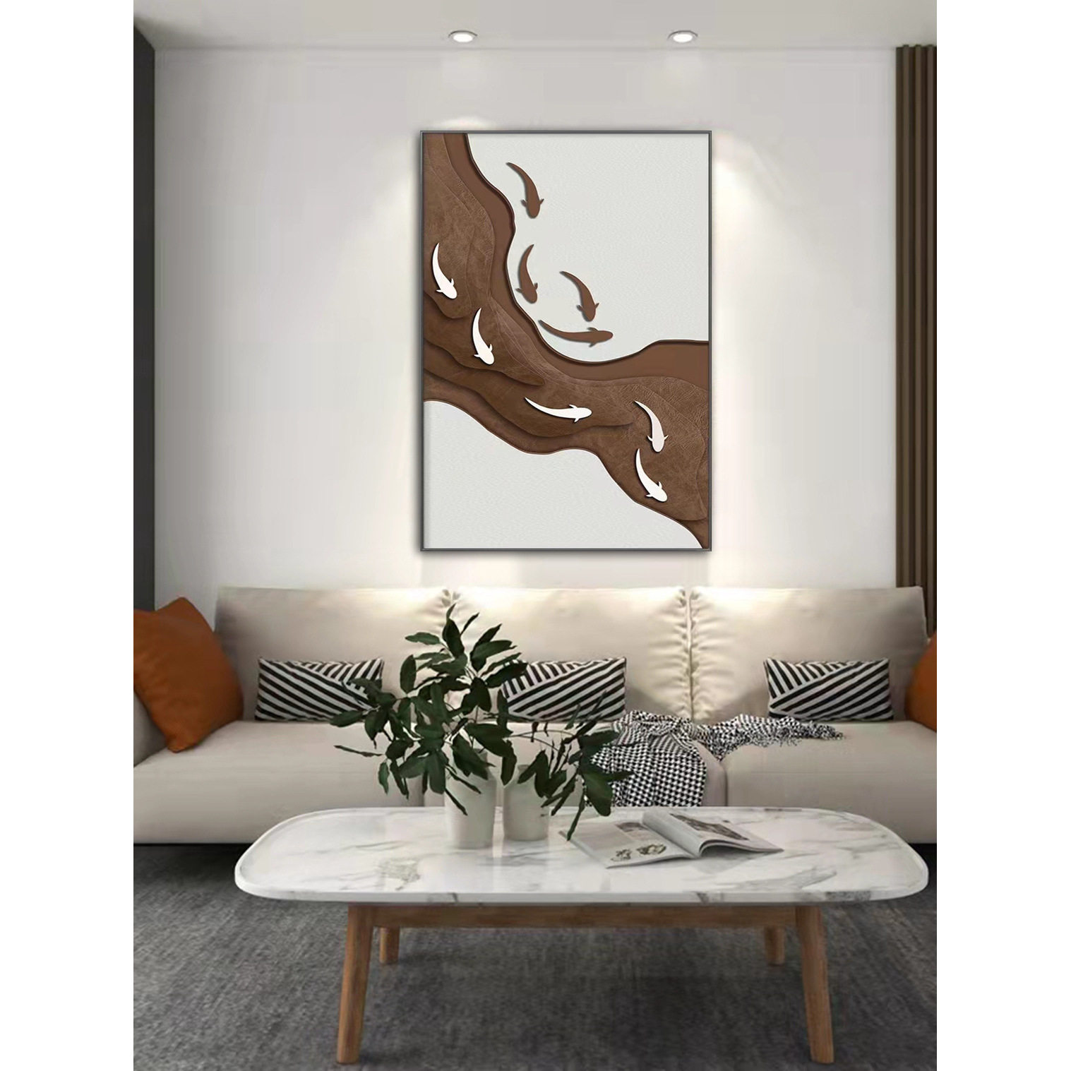 立体九鱼图玄关装饰画现代简约走廊尽头挂画入户正对门原木风壁画