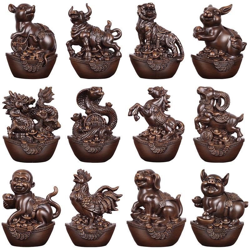 速发实木十二生肖摆件一套家居客厅玄书酒柜博古架关房办公室收藏