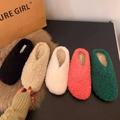 速发韩版平底毛毛拖鞋绒穿2025秋冬新款加外保暖懒人一脚蹬包头棉