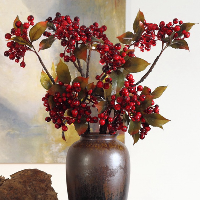 速发红浆果枝婚 红果子  蓝莓果诞 圣 假花插花 庆装饰拍摄道具