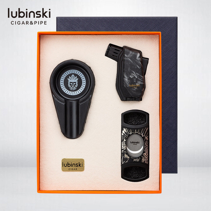 LUBINSKI雪茄工具套装双火直冲火机二合一剪刀烟灰缸便携三件套