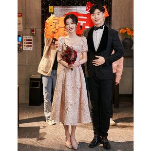 速发粉色订婚礼服简单酒方新娘结婚回门便装 答谢宴会生日裙高端敬