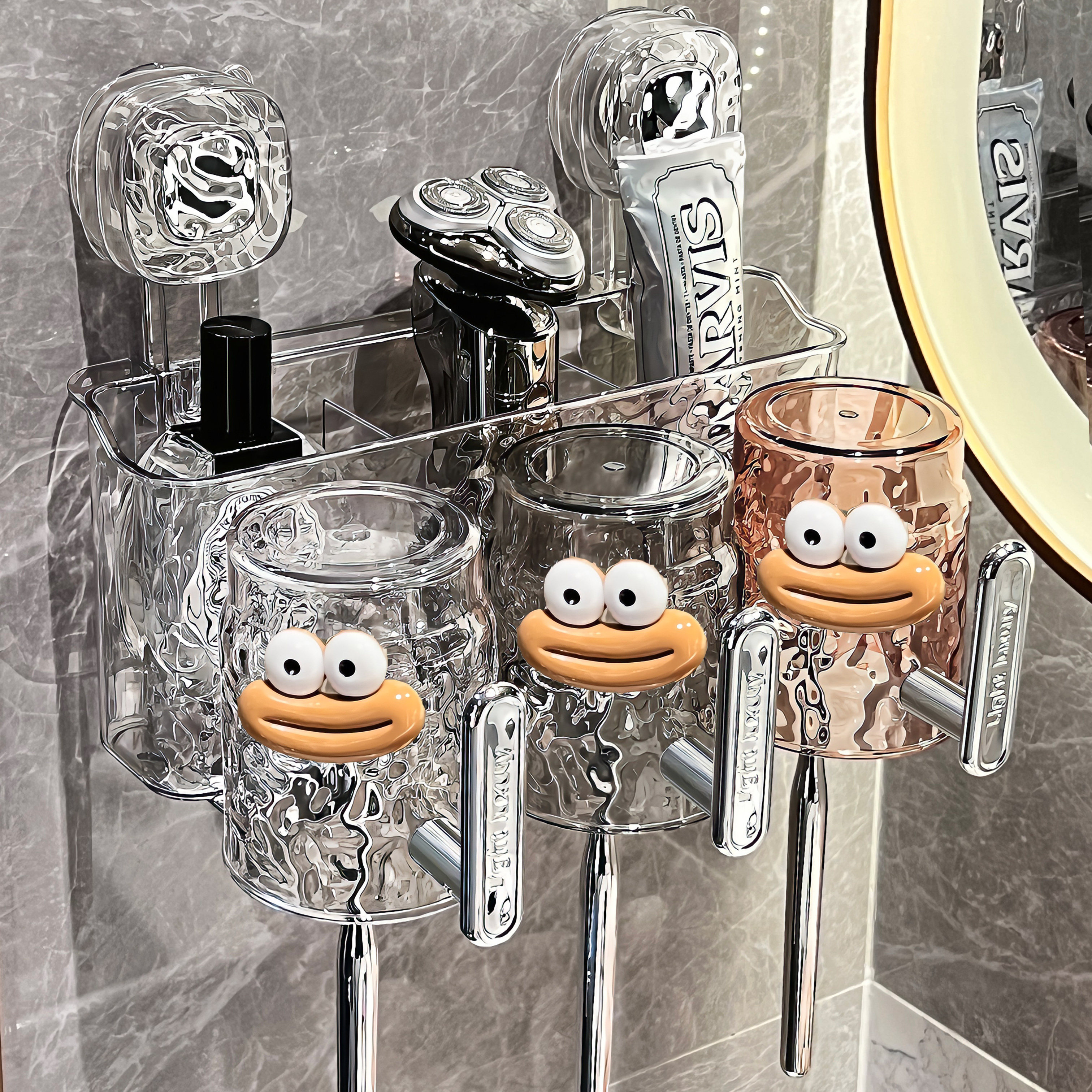 速发吸盘牙杯置物架免打式卫生间带把手刷牙刷漱口杯架子壁挂孔识