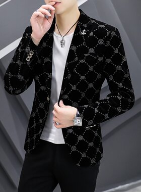 休闲西装外套韩版修身潮流单西迷彩西服春秋新款男士帅气时尚上衣