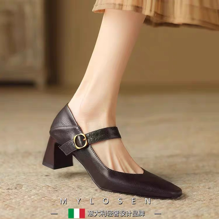 意大利轻奢设计品牌2024年新款真皮一字带粗跟单鞋女