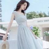 超仙气质无袖背心连衣裙夏季淑女气绳收腰显瘦方领裙子长裙女，商品下架区，语缦