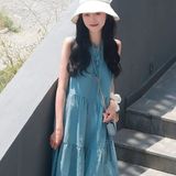 夏新款棉麻温柔风纯色无袖连衣裙法式宽松绑带显瘦度假风长裙，商品下架区，凯文服饰