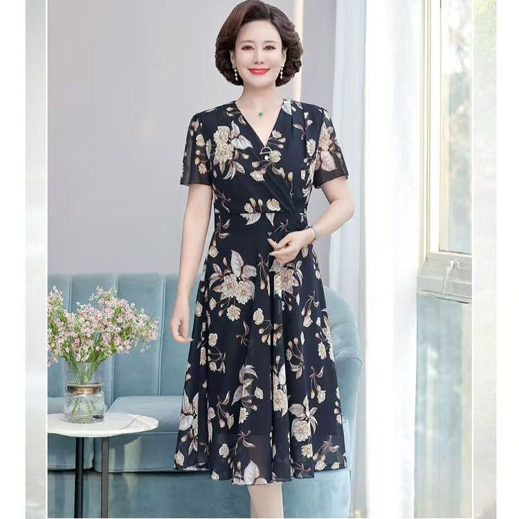 妈妈夏装短袖雪纺连衣裙中老年女装洋气2025新款时尚大码长款裙子，商品下架区商品下架区，语缦