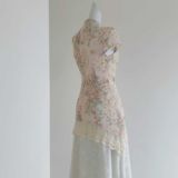 新中式假两件印花改良旗袍2025夏蕾丝拼接镂空旗袍裙，商品下架区，语缦