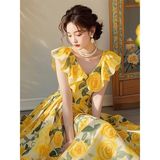 黄色玫瑰印花小飞袖连衣裙超仙温柔法式绝美碎花裙子女设计感小众，商品下架区，凯文服饰