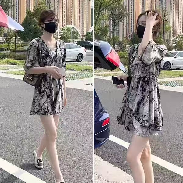 新中式水墨画印花连衣裙套装时尚洋气显瘦大码减龄上衣短裤两件套，商品下架区商品下架区，凯文服饰