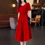 2025年夏季新款宽松遮肚洋气中长款显瘦收腰拼接短袖圆领连衣裙，商品下架区，语缦