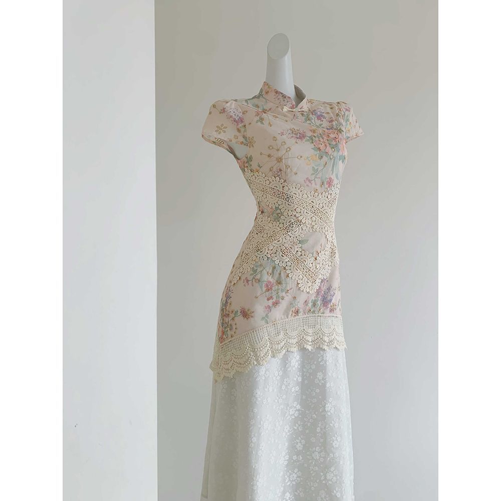 新中式假两件印花改良旗袍2025夏蕾丝拼接镂空旗袍裙，商品下架区商品下架区，语缦