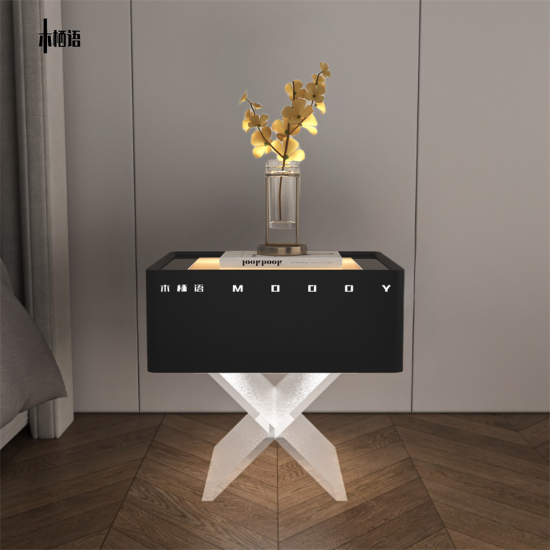 全屋智能石头纹X字脚床头柜别墅高级感收纳柜实木亚克力储物边柜