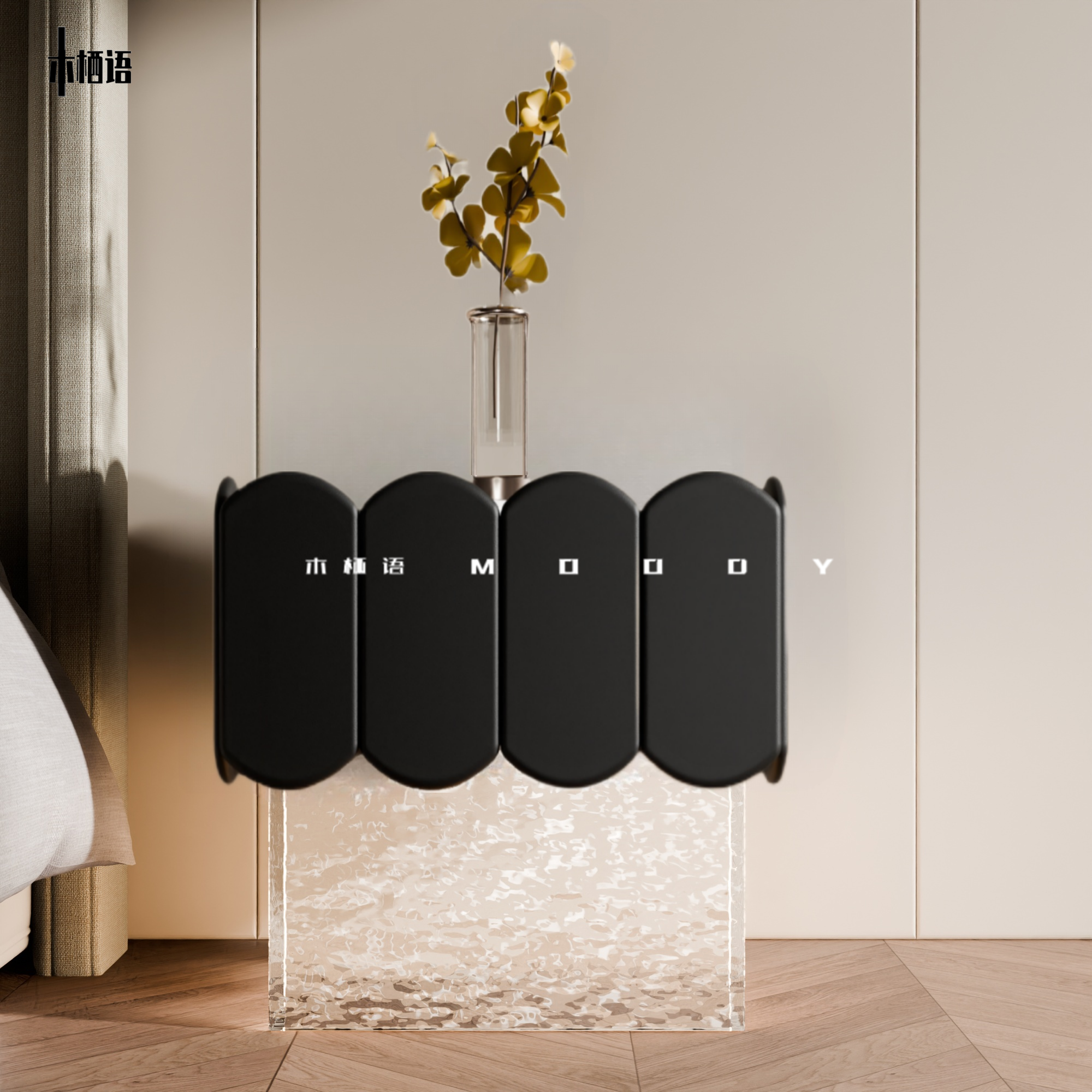 高级别墅轻奢智能亚克力床头柜设计师简约卧室多功能氛围灯收纳柜